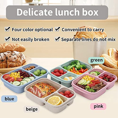 buluker 4 Pack Bento Lunch Box Set 3 Compartment Food Storage Containers Wheat Straw Meal Prep Lunch Box Plastic Food Storage Containers, Microwave and Dishwasher Safe (light colour) - color: 4 Pack（light colour)