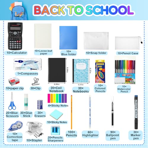 Gilprop 10 Sets High School Supplies Kit Back to School Supplies College Bundle Essential Stuff Bulk Stapler Notebook Calculator Backpack Bag Set for Senior Student Teen Classroom