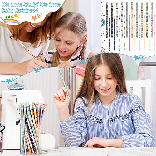 Funrous 60 Pieces Motivational Pencils Bulk Fun Boho Rainbow Inspirational Pencils with Sayings Welcome Back to School for Classroom 2nd 3rd Grade
