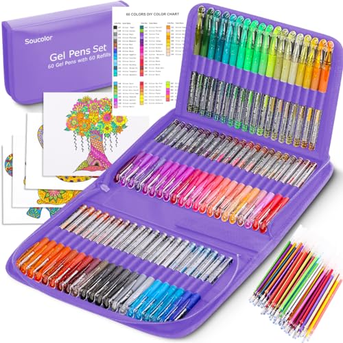 Soucolor 120 Neon Glitter Gel Pens, 60 Refills, Teen Girls Coloring Books | 60 Glitter Pens,60 Refills and Travel Case,Neon Glitter Metallic Pastel 40% More Ink Markers Set for Preppy School Journaling - color: Violet