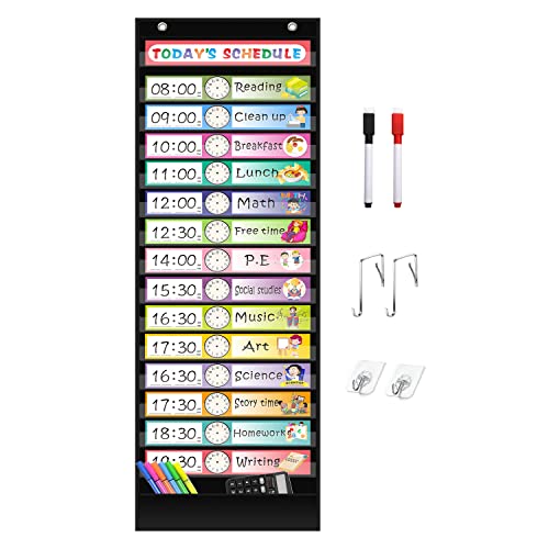 REGELETO 15+1 Pockets Daily Schedule Pocket Chart with 30 Pcs Double-Sided Reusable Cards, Scheduling Pocket Chart for Classroom Office Home School Activity(Black) - color: Black-15 Pockets