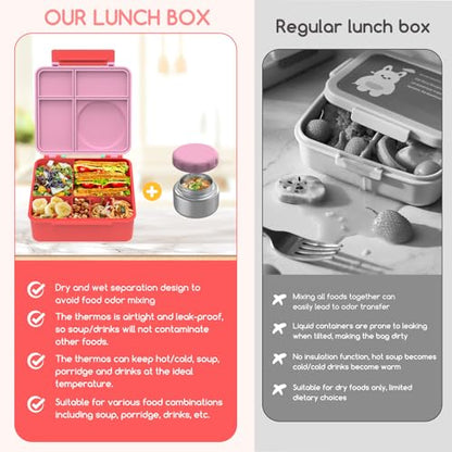 Bento Box for Kids - Leak-Proof Bento Lunch Box with Insulated Thermo Food Jar - 4 Compartments, 1 Removable Divider, 1 Spoon, 1 Fork - Dishwasher Safe, BPA-Free (Pink) - color: Pink