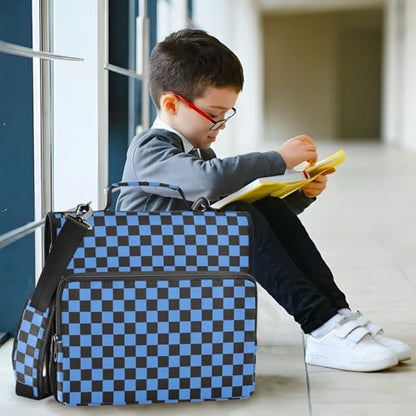 Blue Black Checkered Binder Bag 3 Ring Zipper Binders with Shoulder Strap for School Office Organizer Storage - color: Q005