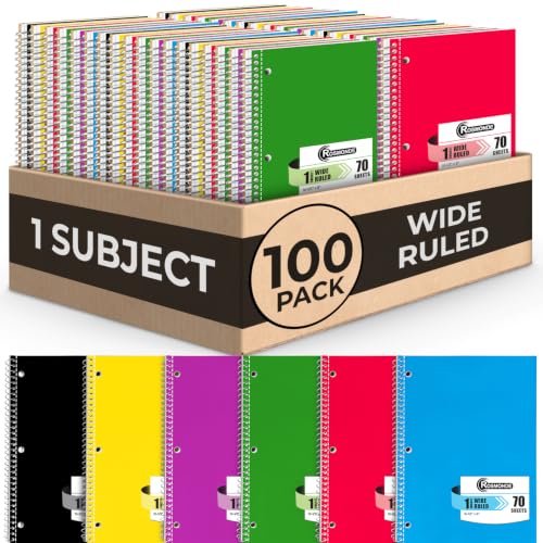 Rosmonde 100 Pack, 1 Subject Spiral Notebook Wide Ruled Bulk, 70 Sheets | Bulk Wide Ruled Notebooks, 140 Pages, 8 x 10-1/2", 3 Hole Punched, Thick No-Bleed Paper, Bulk 1 Subject Notebooks for School - size: 100 Pack