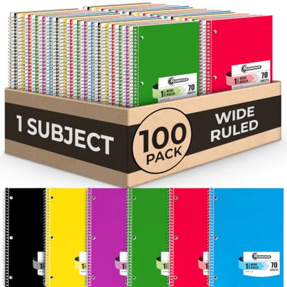 Rosmonde 100 Pack, 1 Subject Spiral Notebook Wide Ruled Bulk, 140 Pages (70 Sheets), Thick No-Bleed Paper, 8 x 10-1/2", 3 Hole Punched, 1 Subject Spiral Notebook Bulk, Bulk Subject Notebook - size: 100 Pack