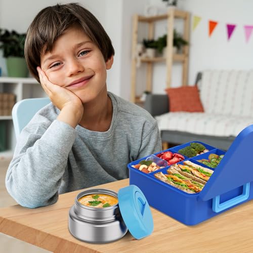 Bento Box for Kids with Thermo Food Container (9oz), 4-Compartment Lunch Box, Adjustable Divider, Leakproof Bento Lunch Box, Includes Utensils & Carry Bag for School, Office(Blue) - color: Blue