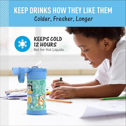 THERMOS FUNTAINER Water Bottle with Straw - 12 Ounce - Kids Stainless Steel Vacuum Insulated Water Bottle with Lid, Bluey - color: Bluey
