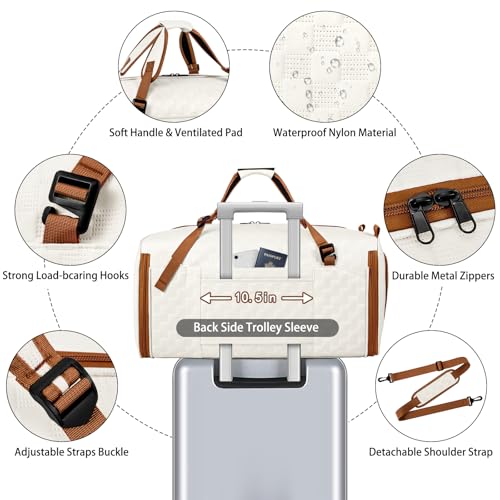 Convertible Garment Bags for Travel - Carry on Garment Duffle Bag with Backpack Straps for Men Women, 4 in 1 Large Travel Duffel Bags with Shoes Compartment Hanging Suit Dress Weekender Bag - color: A-Off White