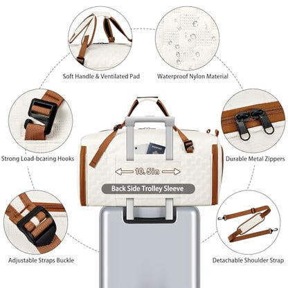 Convertible Garment Bags for Travel - Carry on Garment Duffle Bag with Backpack Straps for Men Women, 4 in 1 Large Travel Duffel Bags with Shoes Compartment Hanging Suit Dress Weekender Bag - color: A-Off White