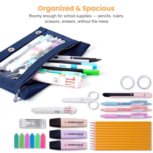3 Ring Binder Pencil Pouch, Durable Pencil Case for School Supplies, Classroom Must Haves, 3-Hole Design Fits Binders, Zipper Closure, Ideal for Students/Back to School Navy Blue - color: Navy Blue