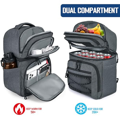 MOZETO Lunch Cooler Backpack Double Deck Lunch Box Backpack Insulated Leakproof Compartments Coolers Bag for Beach Travel Picnic Lunch Hiking BBQ Camping - color: Gray