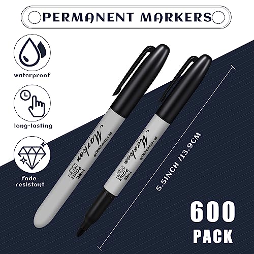 Thenshop 600 Pack Black Permanent Markers Bulk - Fine Point Permanent Marker Quick Drying Waterproof Pens for Doodling Writing Marking Classroom Work on Wood Metal Stone Glass, Office School Supplies
