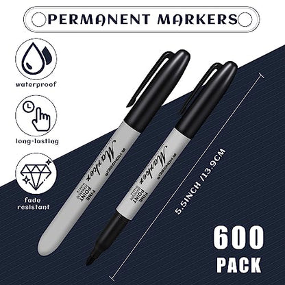 Thenshop 600 Pack Black Permanent Markers Bulk - Fine Point Permanent Marker Quick Drying Waterproof Pens for Doodling Writing Marking Classroom Work on Wood Metal Stone Glass, Office School Supplies