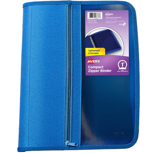 Avery Zipper 3 Ring Binder, 1" Round Rings, 175-Sheet Capacity, Blue, Durable Binder Organizer with Pocket for Extra Storage, Great for Organizing Projects, Assignments, and More (26225) - color: Blue