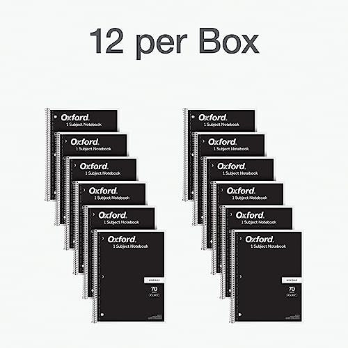 Oxford Spiral Notebook 12 Pack, Bulk College Ruled Spiral Notebooks for School, 1 Subject, Wide Ruled Paper, 8 x 10-1/2 Inch, Black Covers, 70 Perforated Lined Sheets, Writing Journal (65216)