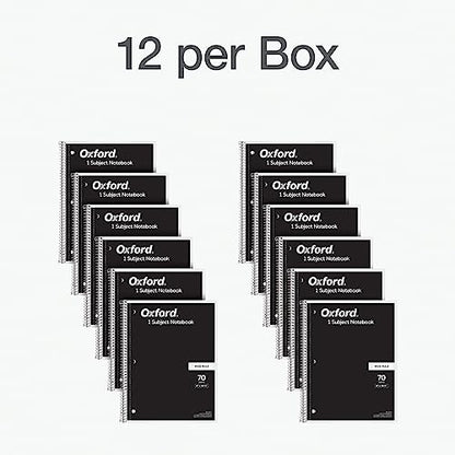 Oxford Spiral Notebook 12 Pack, Bulk College Ruled Spiral Notebooks for School, 1 Subject, Wide Ruled Paper, 8 x 10-1/2 Inch, Black Covers, 70 Perforated Lined Sheets, Writing Journal (65216)