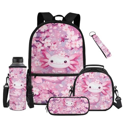 Cute Axolotl Kids School Bag Set 5 Pieces with Lunch Bag Pencil Case and Water Bottle Holder Large Capacity Backpack for Elementary School Students - color: Cute Axolotl