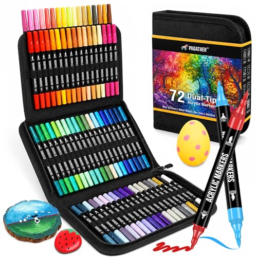 Pagather 72 Colors Acrylic Paint Markers, Dual Tip with Fine Tip and Brush Tip Pens for Stone, Wood, Calligraphy, Canvas, Ceramic, Metal, Glass, Rock Painting, DIY Crafts Art Supplies Kit - color: 72 Colors