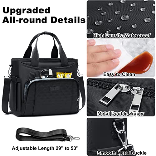 AIJIEKE Large Insulated Lunch Bag for Women Men, Work Lunch Box Tote, Black | Leakproof, durable multi-compartment cooler. Reusable with shoulder strap. Perfect for travel meal prep, picnic, beach - color: Black