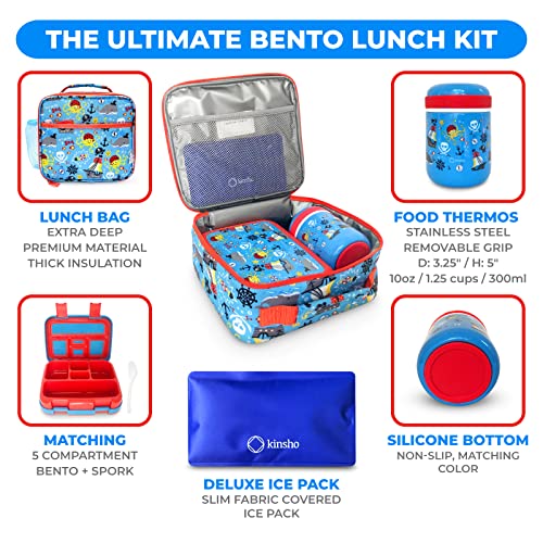 Bento Box with Thermo and Insulated Lunch Bag Set for Kids Boys Toddlers, 5 Compartment Lunch-box with Ice Pack and Utensil, For Hot and Cold Food, Soup, Blue Pirates - color: Blue Pirate Set