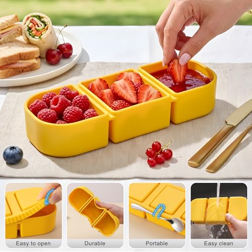 Silicone Reusable Snack Containers with Lids, 4 Pack 3 Compartment Bento Snack Boxes, Leakproof Food Storage Containers for Meal Prep, Lunch, Fruits, Kids & Adults, Dishwasher Safe - color: 3-Compartment (4-Pack)