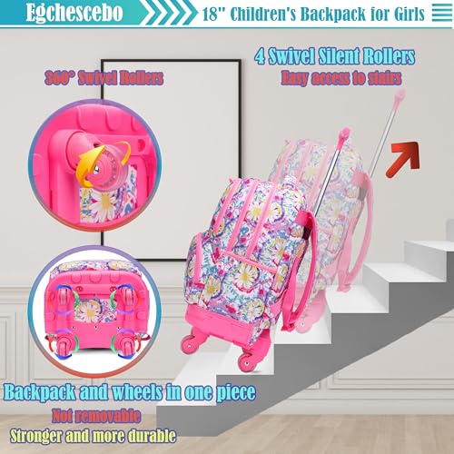 Kids Rolling Backpack for Girls Daisy Suitcases Trolley Roller Luggage Backpacks with 360° Rotating Wheels 15" Laptop Lunch Box Pencil Case for Elementary 18” Travel School Bag Pink - color: Pink-juhua-1220