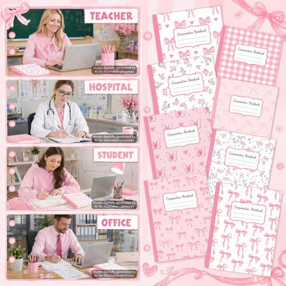 8 Pack Pink Bow Composition Notebooks Bulk Pink Notebook College Ruled Journal 100 Pages Cute Aesthetic Bow Composition Books Back to School Gift for Student Teacher Office Supplies 9.7x7.5 Inch - color: Pink Bow