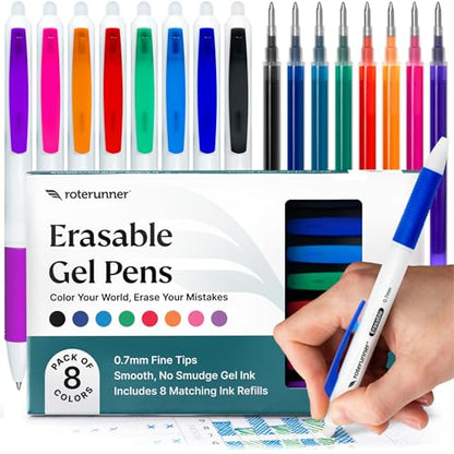 Roterunner 8 Multicolor Erasable Gel Pens with Ink Refills 0.7mm Retractable Fine Point Smooth Planner Pens Eraser Pen for Coloring for Adults (White Casing) - style: White Casing