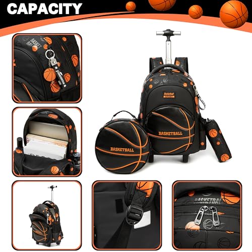Kids Rolling Backpack Roller Backpack with Wheels Elementary Kindergarten Students Basketball Trolley School Bag for School Boys - color: Black