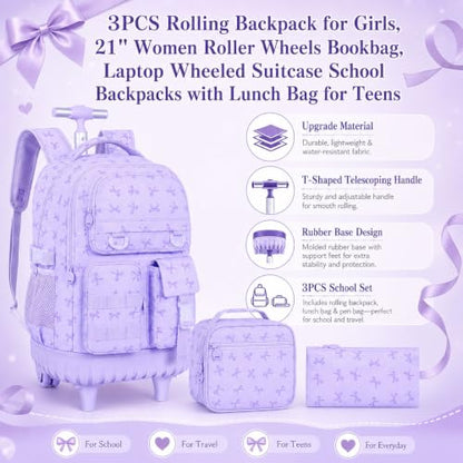 WZLVO 3PCS Girls Rolling Backpack, Water Resistance Roller Bookbag, Women Aesthetic Wheeled School Bag Set with Lunch Box & Pencil Bag for Teens & Kids - Purple Bow - color: 3pcs Girls Rolling Backpack - Purple Bow