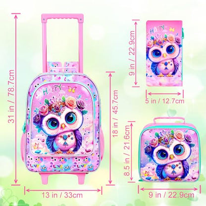 3Pcs Rolling Backpack for Girls, Owl Kids School Backpacks with Wheels, Roller Bookbag with Lunch Box for Elementary Preschool(Pink) - color: Owl Pink