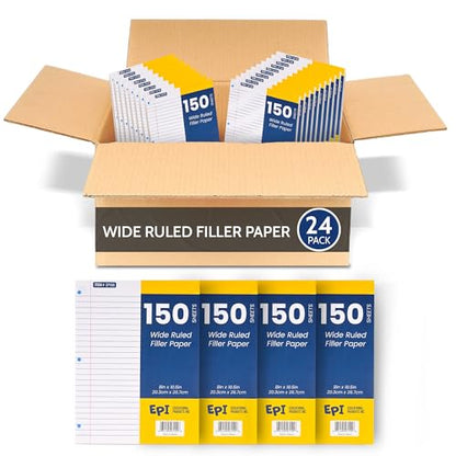 EPI Filler Paper, Wide Ruled Loose Leaf, 3-hole punch, 150 Sheet, 10.5 x 8 Inch, Pack of 24 (3,600 sheets) - color: Wide Ruled, size: 24 Pack