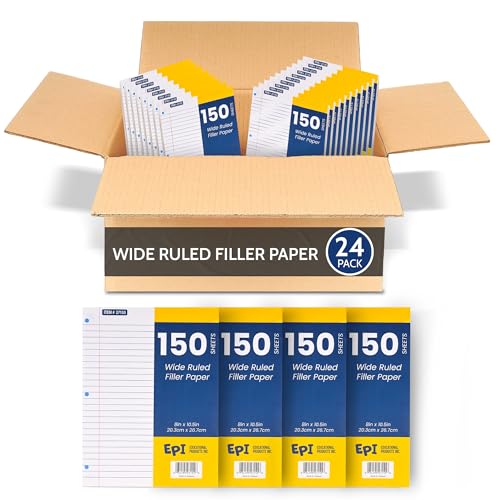 EPI Filler Paper, Wide Ruled Loose Leaf, 3-hole punch, 150 Sheet, 10.5 x 8 Inch, Pack of 24 (3,600 sheets) - color: Wide Ruled, size: 24 Pack