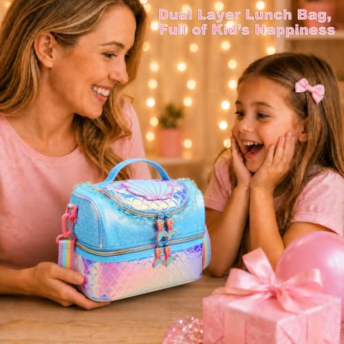 RHCPFOVR Kids Lunch Bag - Double - Decker Cooler Insulated Lunch Box for Boys Girls Women,Washable Lunch Bag with Strap and Reusable Toddler Lunchbox for School and Daycare - color: Blue Mermaid