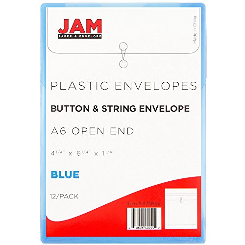 JAM PAPER Plastic Envelopes with Button & String Tie Closure - 4 1/4 x 6 1/4 - Blue - 12/Pack - color: Blue, size: 4 x 6