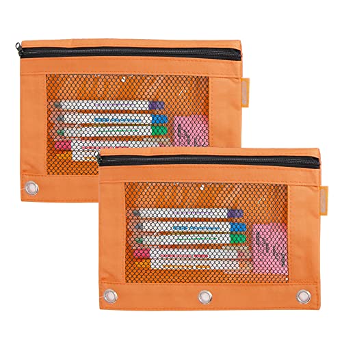 BAZIC PRODUCTS Retro Pastel 3-Ring Pencil Pouch with Mesh Window, 2-Pack | clear mesh window and a zipper closure for pens; pencils - color: Pastel Orange, size: 2-Pack