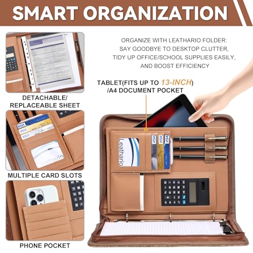 Leathario Portfolio Binder, Includes 5 Sheet Protectors and a Pen, 13 Inch Tablets Organizer, Vegan Leather A4 Padfolio, Multi-Pocket Notepad Business Planner Professional Document - color: Relief Brown
