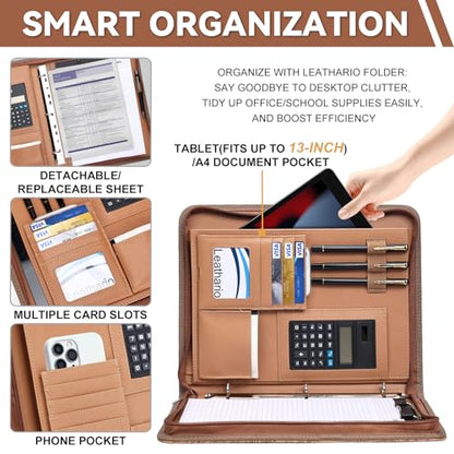 Leathario Portfolio Binder, Includes 5 Sheet Protectors and a Pen, 13 Inch Tablets Organizer, Vegan Leather A4 Padfolio, Multi-Pocket Notepad Business Planner Professional Document - color: Relief Brown
