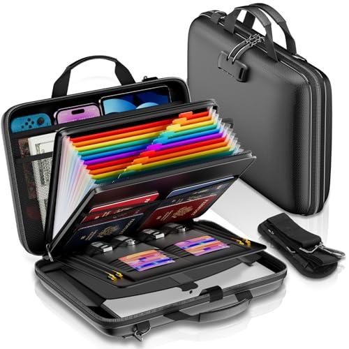 Fireproof Document Organizer with Lock,Hard-Shell Case, Black | Fireproof Document Box with Shoulder Strap, Portable File Organizer with 13 Pocket Accordion File Folder for Files Laptop - size: 15.5" x 11.5" x 3", EVA