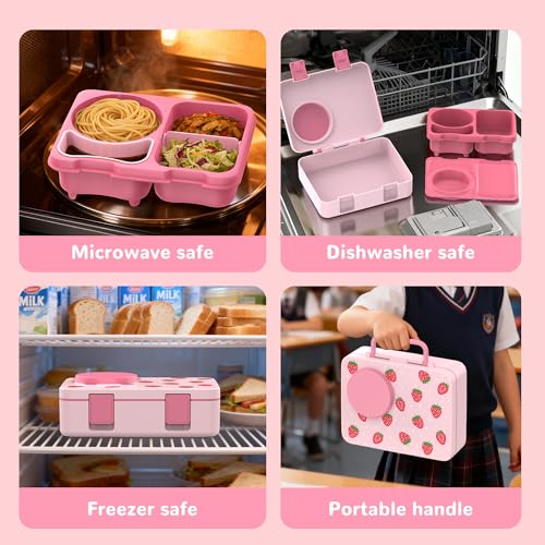 Kids Lunch Box with Thermo, Leakproof Bento Box for Kids with 8OZ Insulated Food Jar, Ice Pack, Sauce Cup, Utensils, Removable Tray & Dividers for School Daycare Travel (Strawberries) - color: Strawberries