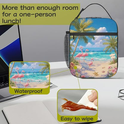 Tropical Pink Flamingo Beach Lunch Box Bag, Palm Tree Lunchbag Portable Lunch Bag,Reusable Insulated Freezer Lunch Bag for Men Women Kids Picnic Camping and Work - color: Tropical Pink Flamingo Beach
