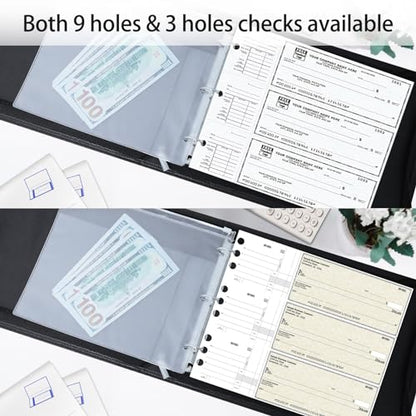 LLi Cufite 3 Rings Check Binder for End-Stub Deskbook Checks, Zipper Business Check Binder, 3 on a Page, Fit 3 & 9 Holes Check Faux Leather (9.5" x 12.6") (Black) - color: Black