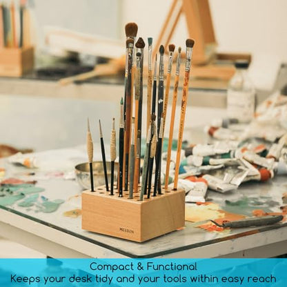 MEEDEN 2Pcs Beechwood Pencil and Brush Holders: 36 Holes Paint Brush Storage Organizer & Holder Rack - Wood Block Pencil Holder for Paintbrushes, Pens and Art Tools - Paint Brush Holder Display Stand - size: 2-PACK