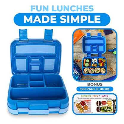 kinsho Bento Lunch Box for Kids Toddlers Boys, 5 Portion Sections Secure Lid, Microwave Safe BPA Free Removable Tray, Pre-School Kid Daycare Lunches Snack Container Ages 3 to 5, Blue - color: Blue