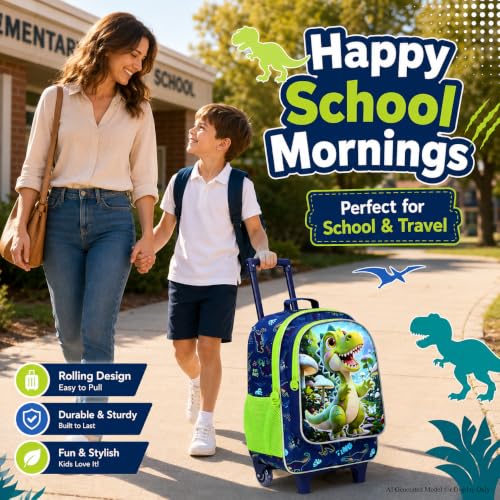 WZLVO 3PCS Boys Rolling Backpack, 18" Dinosaur Print School Bag with Wheels, Includes Matching Lunch Bag & Pencil Bag - Green Dino Adventure - color: 3PCS Boys Rolling Backpack - Green Dino Adventure