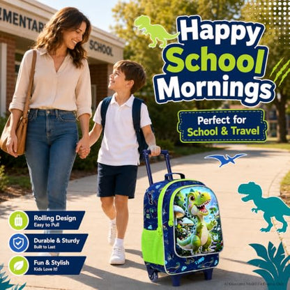 WZLVO 3PCS Boys Rolling Backpack, 18" Dinosaur Print School Bag with Wheels, Includes Matching Lunch Bag & Pencil Bag - Green Dino Adventure - color: 3PCS Boys Rolling Backpack - Green Dino Adventure