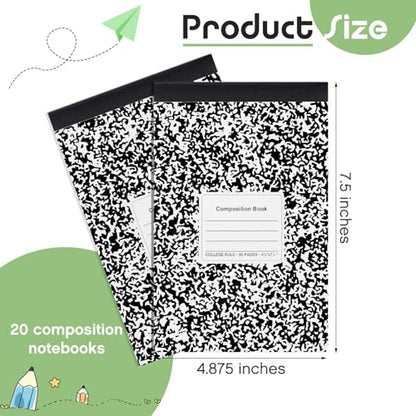 Fainne 20 Pack Composition Notebooks Half Size 4-7/8 x 7-1/2 Inches College Ruled Notebooks Mini Marble Cover Composition Books for Journal School Classroom Supplies 40 Sheets/80 Pages (Black) - color: Black