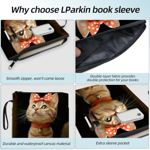 Padded Book Sleeve with Zipper & Front Pocket, Fabric Book Cover | Cute Tabby Cat Red Bow Tie11.4"x8.7" Washable Canvas Pouch for Hardcovers, Tablets & Reading Accessories - color: Cute Tabby Cat Red Bow Tie