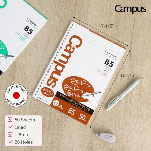 Kokuyo Campus Loose Leaf Paper, B5 Filler Paper with U 8mm Ruled, 50 Sheets 75 GSM Sarasara Smooth Writing, 26 Holes, 10-1/4"x7-1/4” Binder Notebook Bleed Resistant Paper (NO-837UN)