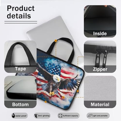 American Flag Eagle 10 Inch Laptop Sleeve Patriotic Computer Bag with Handle, Waterproof Handbag Zipper Tablet Cover Laptop Tote Bag Carrying Case for Office School 4th of July - color: American Flag Eagle, size: 10 Inch